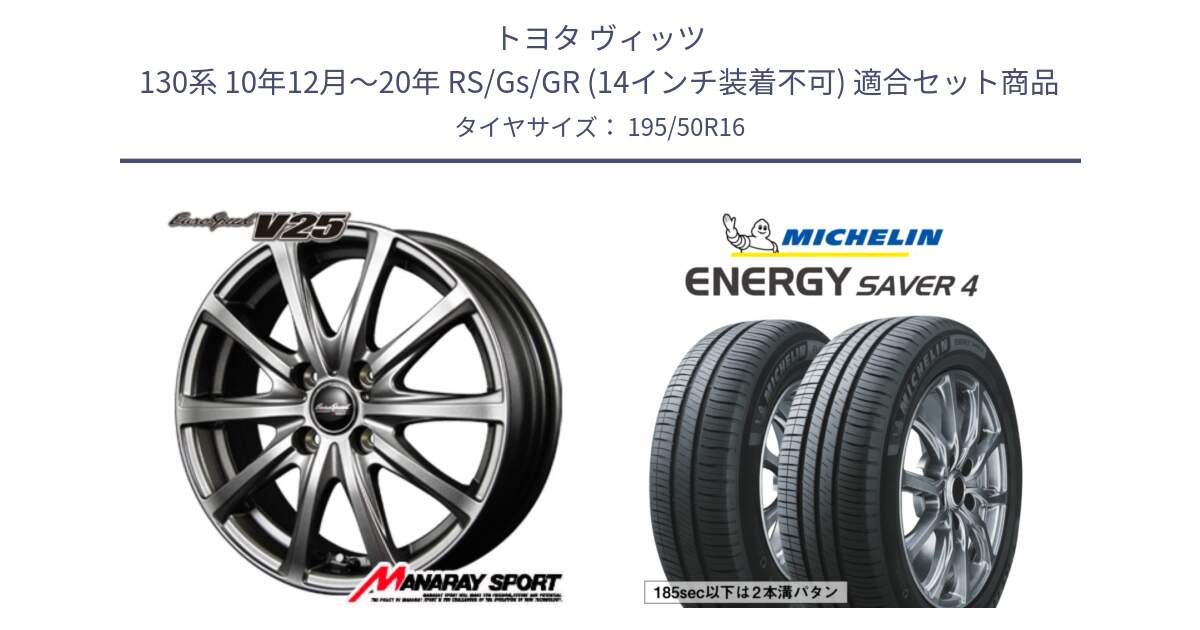 トヨタ ヴィッツ 130系 10年12月～20年 RS/Gs/GR (14インチ装着不可) 用セット商品です。MID EuroSpeed ユーロスピード V25 ホイール 16インチ と ENERGY SAVER4 エナジーセイバー4 88V XL 正規 195/50R16 の組合せ商品です。