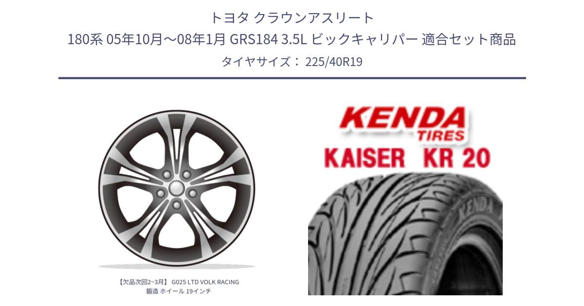 トヨタ クラウンアスリート 180系 05年10月～08年1月 GRS184 3.5L ビックキャリパー 用セット商品です。【欠品次回2~3月】 G025 LTD VOLK RACING 鍛造 ホイール 19インチ と ケンダ カイザー KR20 サマータイヤ 225/40R19 の組合せ商品です。