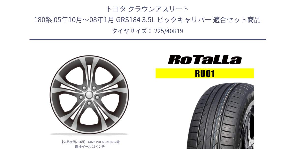 トヨタ クラウンアスリート 180系 05年10月～08年1月 GRS184 3.5L ビックキャリパー 用セット商品です。【欠品次回2~3月】 G025 VOLK RACING 鍛造 ホイール 19インチ と RU01 【欠品時は同等商品のご提案します】サマータイヤ 225/40R19 の組合せ商品です。