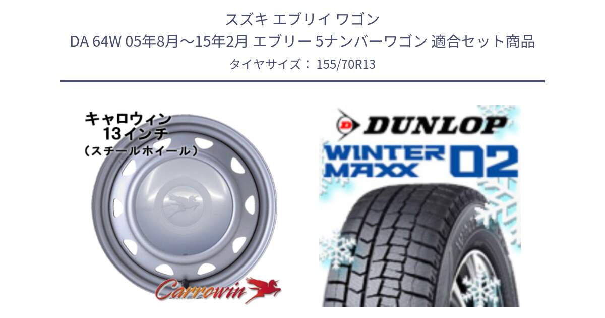 スズキ エブリイ ワゴン DA 64W 05年8月～15年2月 エブリー 5ナンバーワゴン 用セット商品です。キャロウィン PB-401F スチールホイール  13インチ と ウィンターマックス02 WM02 ダンロップ スタッドレス ミツヤ 155/70R13 の組合せ商品です。