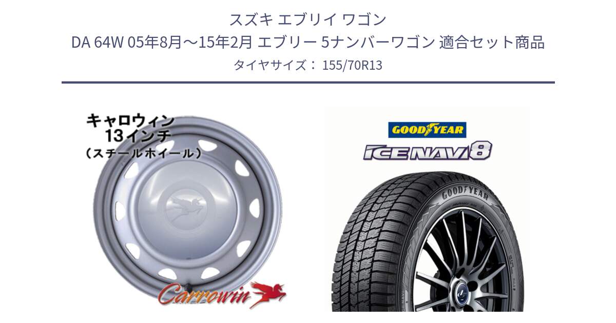 スズキ エブリイ ワゴン DA 64W 05年8月～15年2月 エブリー 5ナンバーワゴン 用セット商品です。キャロウィン PB-401F スチールホイール  13インチ と GOODYEAR ICE NAVI8 アイスナビ8 スタッドレス ミツヤ 155/70R13 の組合せ商品です。