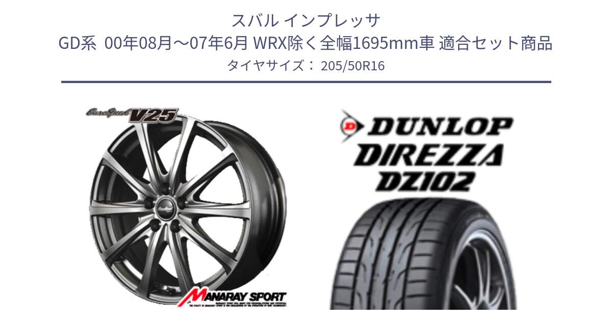 スバル インプレッサ GD系  00年08月～07年6月 WRX除く全幅1695mm車 用セット商品です。MID EuroSpeed ユーロスピード V25 ホイール 16インチ と ダンロップ ディレッツァ DZ102 DIREZZA サマータイヤ 205/50R16 の組合せ商品です。
