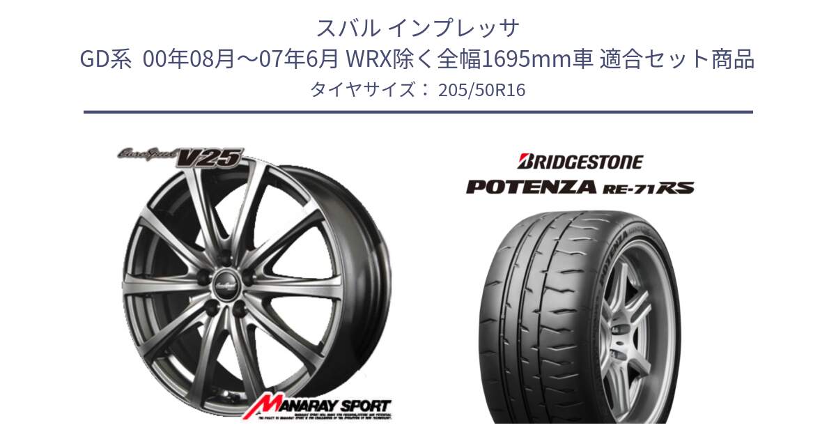 スバル インプレッサ GD系  00年08月～07年6月 WRX除く全幅1695mm車 用セット商品です。MID EuroSpeed ユーロスピード V25 ホイール 16インチ と ポテンザ RE-71RS POTENZA 【国内正規品】 205/50R16 の組合せ商品です。