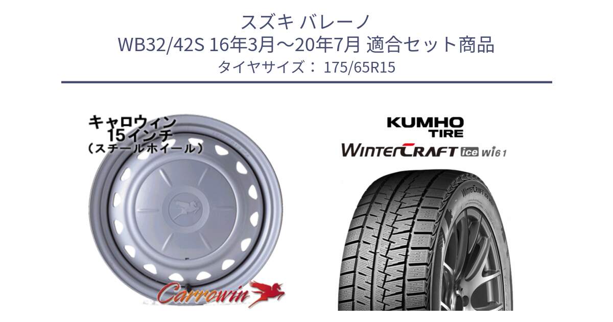 スズキ バレーノ WB32/42S 16年3月～20年7月 用セット商品です。キャロウィン PS-554N スチールホイール  15インチ と WINTERCRAFT ice Wi61 2025年製 クムホ ウィンタークラフトアイスWi61 スタッドレス ミツヤ 175/65R15 の組合せ商品です。