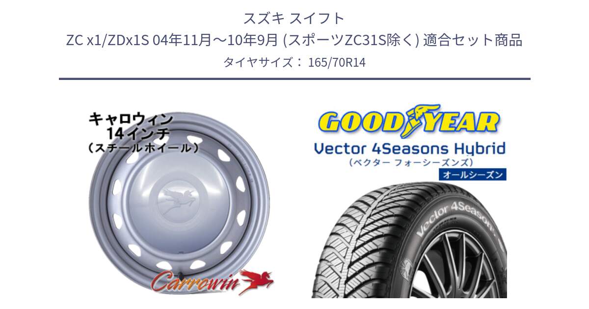 スズキ スイフト ZC x1/ZDx1S 04年11月～10年9月 (スポーツZC31S除く) 用セット商品です。キャロウィン PC-553 スチールホイール  14インチ と ベクター Vector 4Seasons Hybrid オールシーズンタイヤ 165/70R14 の組合せ商品です。